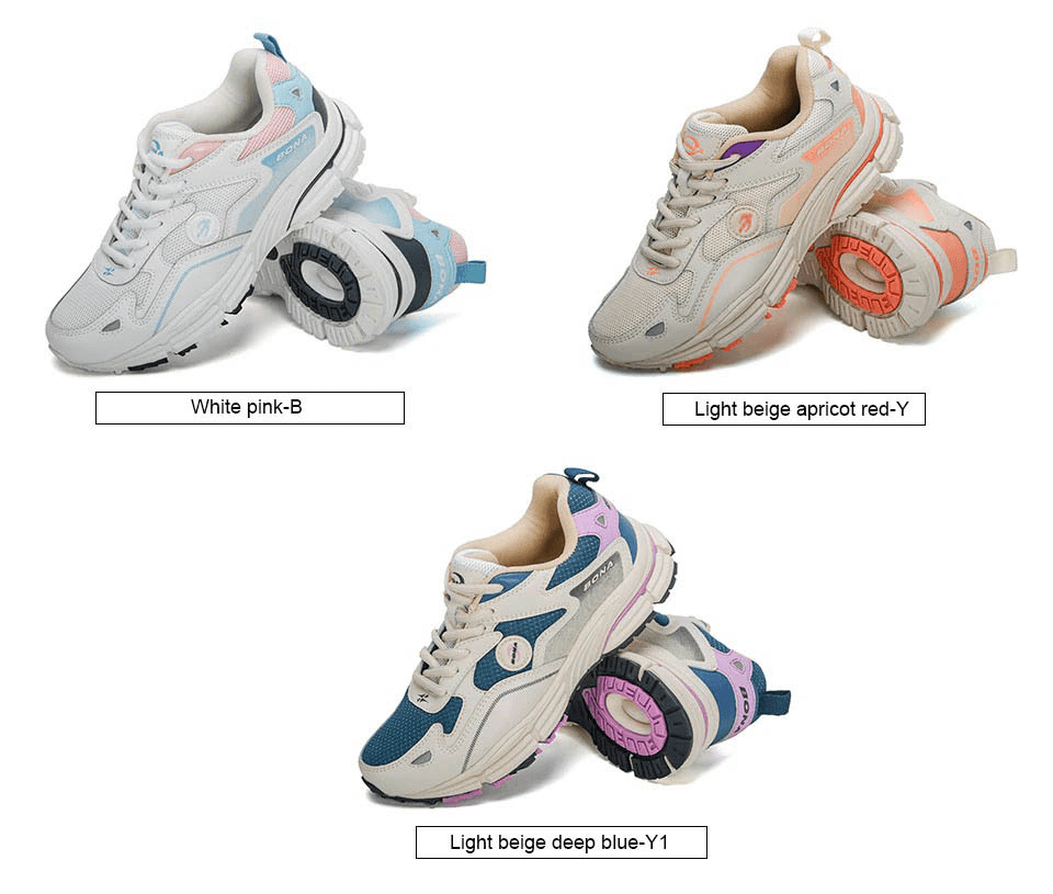 Three pairs of Women's Breathable Lightweight Lace-up Front Running Shoes in white-pink, light beige-red, and light beige-blue colors.